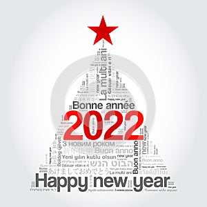 2022 Happy New Year in different languages, celebration word cloud greeting card in the shape of a christmas tree