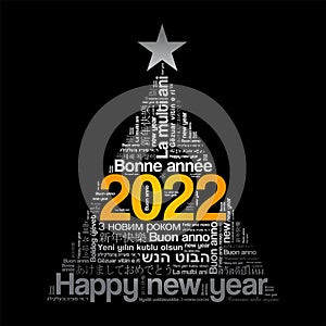 2022 Happy New Year in different languages, celebration word cloud greeting card in the shape of a christmas tree