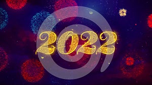 2022 happy new year greeting text sparkle particles on colored fireworks