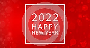 2022 Happy New Year text card with white frame and red defocused lights background.