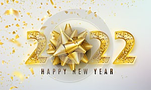 2022 Happy New Year vector background with golden gift bow, confetti, shiny glitter gold numbers. Christmas celebrate