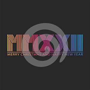 2022 logo Happy New Year and Merry Christmas text dark winter holiday background, HNY Roman number MMXXII trendy thin lines