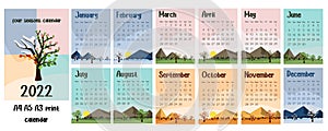 2022 monthly calendar with four season illustration in travel theme