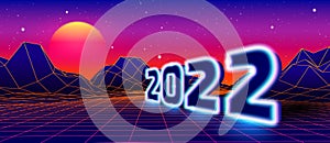 2022 neon sign for 80s styled retro New Years Eve celebration with arcade game grid landscape and red sun.