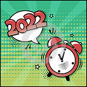 2022 New Year Christmas comic banner, speech bubble and alarm clock on green background in pop art style. Holiday