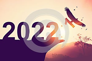 2022 new year concept with eagle bird flying away and holding number 1 on sunset sky background at top of mountain