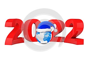 2022 New Year Concept. Santa Hat over Earth Globe. 3d Rendering