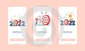 2022 New Year Goal Achievement Mobile App Page Onboard Screen Template. Business Characters Throw Darts to Target