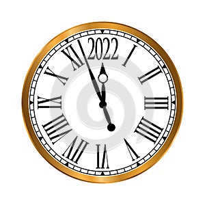 2022 New Year gold classic clock on white background
