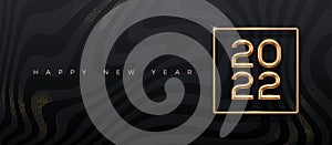 2022 new year golden logo on abstract black waves background. Greeting design with realistic gold metal number of year.