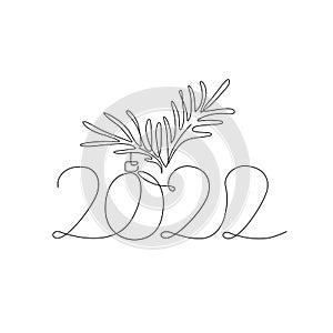 2022 New Year lettering concept. Continuous line drawing numbers, ball, fir tree branch