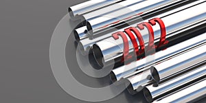 2022 new year, red number on steel metal pipes tubes, black background. 3d illustration