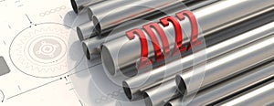 2022 new year, red number on steel metal pipes tubes, white background. 3d illustration