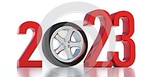 2022 New Year safe drive. Tire on alloy wheel and red number isolated on white