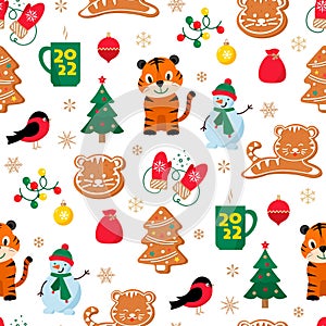 2022 New Year Seamless Pattern. Year of the Tiger. Vector illustration Flat style