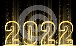 2022 New Year shiny gold color shiny numbers banner. Realistic text flash light, golden particles, glitter, sparkles