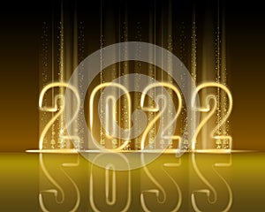 2022 New Year shiny gold color shiny numbers banner. Realistic text flash light, golden particles, glitter, sparkles