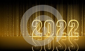 2022 New Year shiny gold color shiny numbers banner. Realistic text flash light, golden particles, glitter, sparkles