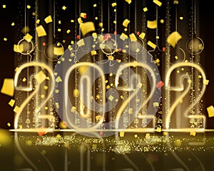 2022 New Year shiny gold color shiny numbers banner. Realistic text flash light, golden particles, glitter, sparkles