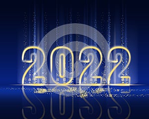 2022 New Year shiny gold color shiny numbers banner. Realistic text flash light, golden particles, glitter, sparkles