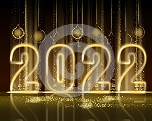2022 New Year shiny gold color shiny numbers banner. Realistic text flash light, golden particles, glitter, sparkles