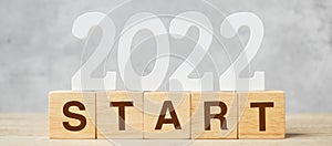 2022 New Year text with START block. Resolution, strategy, plan, motivation, goal, reboot, business and holiday concepts