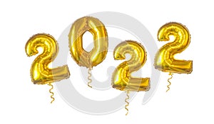 2022 number of gold foiled balloons isolated on white background. Happy new year 2022 holiday decorations
