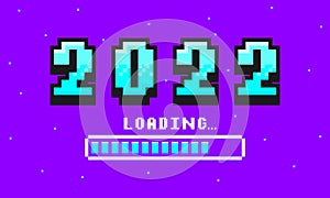 2022 pixel art banner for New Year. 2022 numbers in 8-bit retro games style and loading bar. Pixelated happy New Year