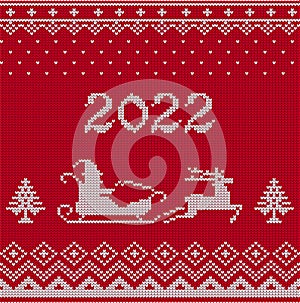 2022 Red knitted pattern santa claus reindeer sleigh calendar cover.