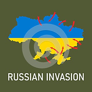 2022 Russian invasion of Ukraine. Map of Ukraine in colors of Ukrainian flag, red arrows of Russian attacks. Vector