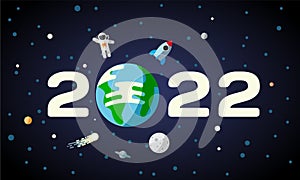 2022 text design with planet Earth in space. New Year flat background with astronaut, rocket and the Moon over the Earth