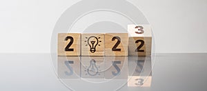 2022 to 2023 block with lightbulb icon. Business Idea, Creative, Thinking, brainstorm, Goal, Resolution, strategy, plan, Action,