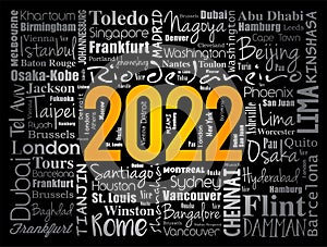 2022 travel cities word cloud collage, trip destinations concept background