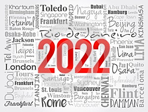 2022 travel cities word cloud collage, trip destinations concept background