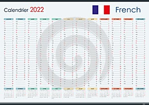 2022 Wall Planner in French. Yearly calendar and organizer. Simple layout in color.