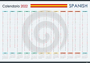 2022 Wall Planner in Spanish. Yearly calendar and organizer. Simple layout in color.