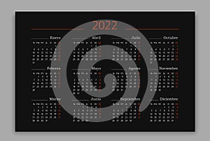 2022 year Calendar in Spanish on black background