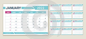 2022 year planner. Calendar template. Vector illustration. Calender layout