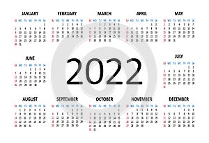 2022 year vector calendar. Week starts on Sunday template