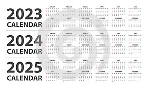 2023, 2024, 2025 calendar vector illustration. Simple classic monthly calendar for years 2023, 2024, 2025