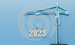 2023 3d number on a crane on a blue background, HAPPY 2023 NEW YEAR for a construction site, Vision for next YEAR background. 3d