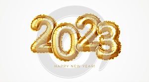 2023 3d Realistic Gold Foil Balloons. Happy New Year 2023 greeting card. Vector illustration
