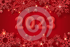 2023 3d realistic numbers, decor and glowing snowflake. Merry Christmas and Happy New Year 2023 greeting card. Sparkling