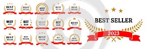 2023 Best seller award stamps set vector illustration. Gold winners badges with black Best seller text and laurel wreath