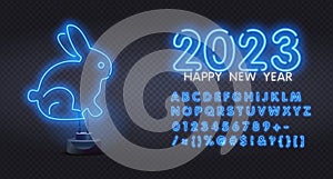 2023 blue neon sign rabbit on black background