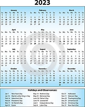 2023 Calendar with holidays blue gradient
