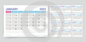 2023 calendar. Planner template. Vector illustration. Monthly grid of calender