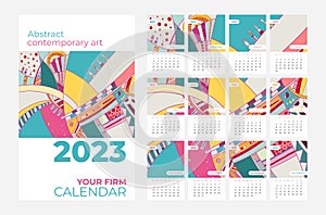 2023 calendar starts Sunday. Abstract contemporary art vector set. Desk, screen, desktop months 2023 calendar template