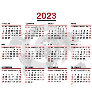 2023 calendar with world map