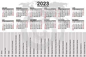 2023 calendar with world map and time zones